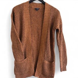 Express Brown Chunky-Knit Open-Front Cardigan Sweater with Pockets | XS